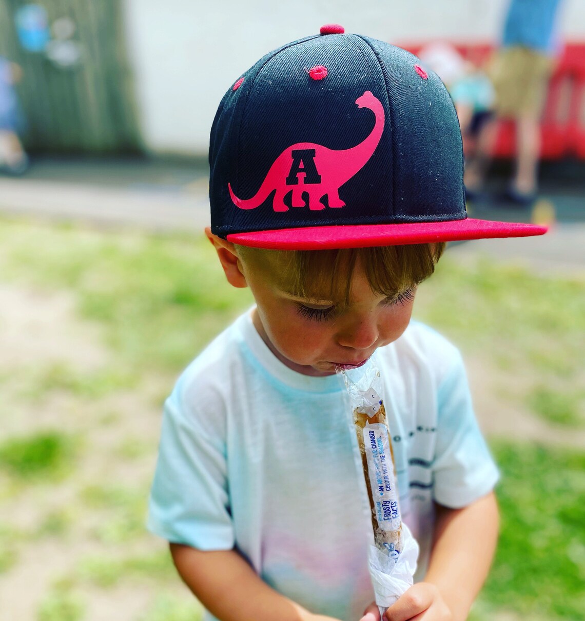 dinosaur with cap on head