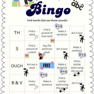 Könnte beinhalten: Eine bunte Bingokarte mit dem Wort "Phonics Bingo" oben. Die Karte hat Felder mit verschiedenen Lauten der Phonetik, wie "TH", "S", "OUGH", "B & V" und "PH". Jedes Feld hat eine andere Aktivität, die man ausführen kann, wie "Finde ein Wort", "Mach einen Satz" oder "Spiel es nach!"
