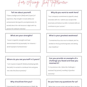 May include: A colorful infographic with tips for acing a job interview. The infographic features a cartoon image of two people in a conversation. The text includes questions like "Tell me about yourself", "Why do you want to work here?", "What are your strengths?", "What is your greatest weakness?", "Where do you see yourself in 5 years?", "Can you provide an example of a challenge you faced and how you resolved it?", "Why should we hire you?", and "Do you have any questions for us?"