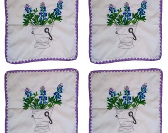Bluebonnet Hand Embroidered Dinner Napkin Set Of 4       Bread Basket Texas Decoration