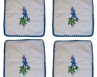 Bluebonnet Hand Embroidered Dinner Napkin Set Of 4       Bread Basket Texas Decoration