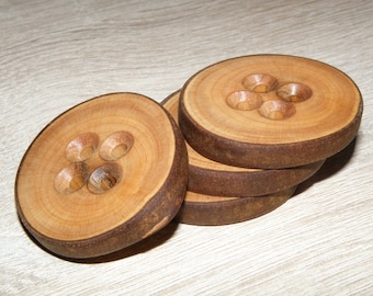 Large 4 Handmade plum wood Tree Branch Buttons with bark, accessories (1,65" diameter x 0,24" thick)
