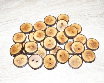 Small 29 Handmade plum wood Tree Branch Buttons with bark , accessories (0,79" diameter x 0,16" thick)