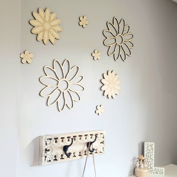 Wood wall flowers nursery decor daisy wall sticker boho nursery floral cut out crib wall feature wall art flowers retro vibes rattan cane