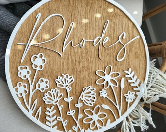 Nursery Name Sign, 12-30 Inch, Baby Shower, Personalized Round plaque, Customize Wood acrylic Baby Sign, 3D Name Sign, Vintage Floral Theme