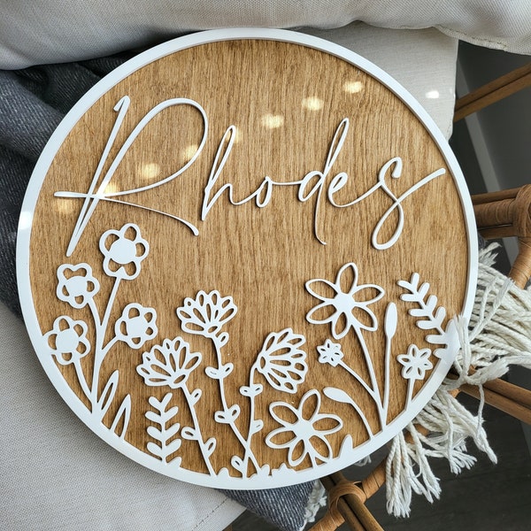 Nursery Name Sign, 12-30 Inch, Baby Shower, Personalized Round plaque, Customize Wood acrylic Baby Sign, 3D Name Sign, Vintage Floral Theme