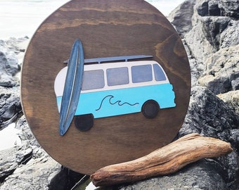 Handmade unique gift idea; natural wood wood burned VW van; surfer; van life; camper van