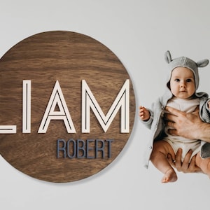Round circle 3d wood name sign room nursery name sign decor baby shower newborn gift black gold cream modern