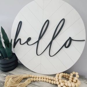 Hello front door entry way round circle home decor chevron pattern wood welcome white black custom