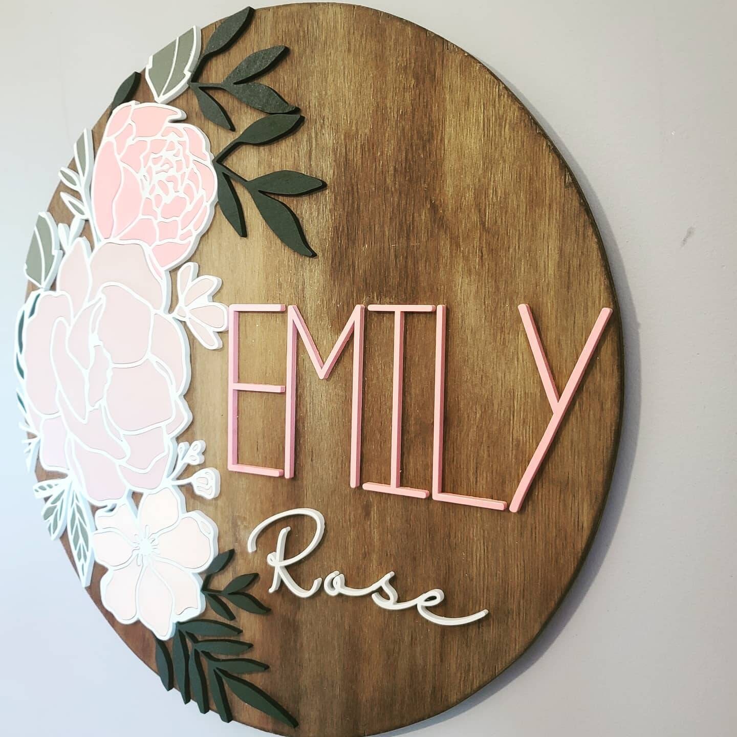 circle 3D WOOD round rose peony dusty rose pink dark walnut  personalized floral name sign nursery bedroom Botanical nursery decor peonies