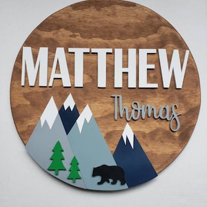 Round wilderness woodland forest theme boys room nursery wood circle name sign wall hanging. mountains and bears. customizable!