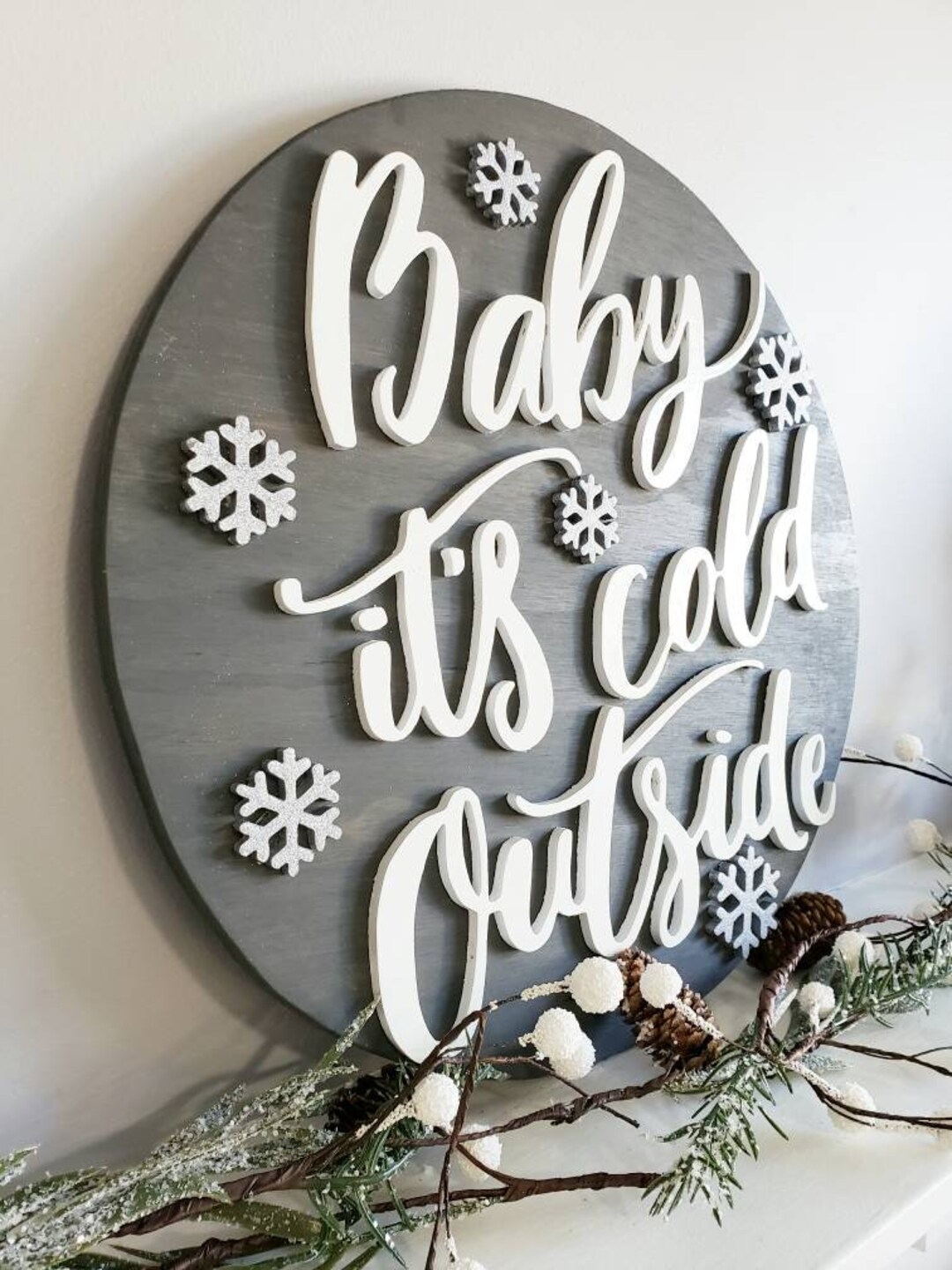 3D Wood Christmas Baby Its Cold Outside Grey Silver Glitter White Decor ...