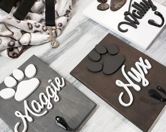 3D wood 8x6 Personalized Pet Dog Leash Sign Holder Paw name Front door Entry way Mud Room Decor dog bowls