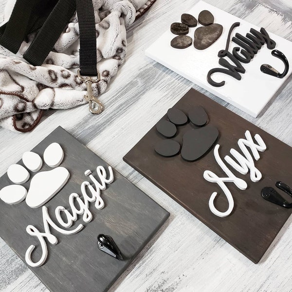 3D wood 8x6 Personalized Pet Dog Leash Sign Holder Paw name Front door Entry way Mud Room Decor dog bowls