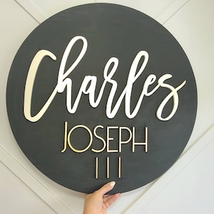 Round circle 3d wood name sign room nursery name sign decor baby shower newborn gift black gold cream modern