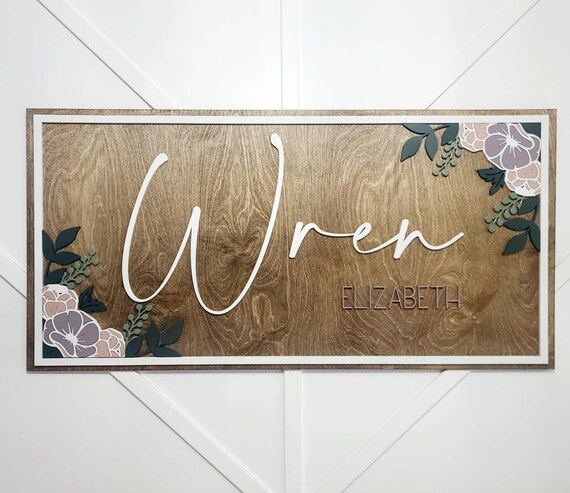 3d Wood Rectangle Floral Nursery Name Sign Art Flowers Dusty Etsy