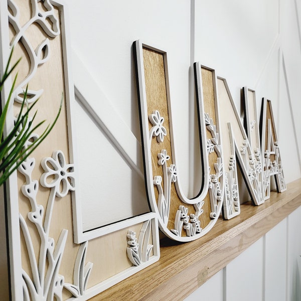 Wildflower Flowered Wall Decor Wood Nursery Letters Boho Name Sign Layered 3d Letters Floral Wooden Alphabet Letters Girls Room Sign Bedroom