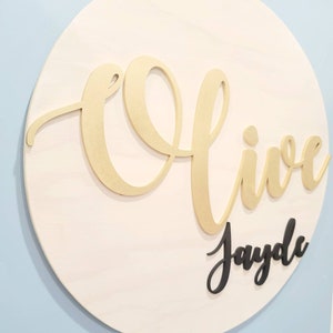 3D circle wood name sign room nursery name sign decor baby shower newborn gift white and gray image 3