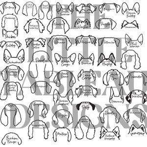May include: A black and white line art illustration of 36 different dog breeds. Each breed is represented by a simple outline of the dog's head, with the breed name written below.