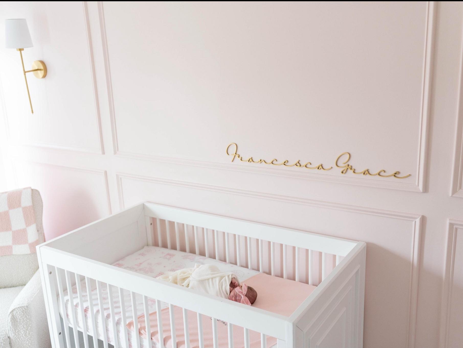 Wood script nursery baby room name laser cut sign cursive first and middle name signature font wall mounted crib change table decor