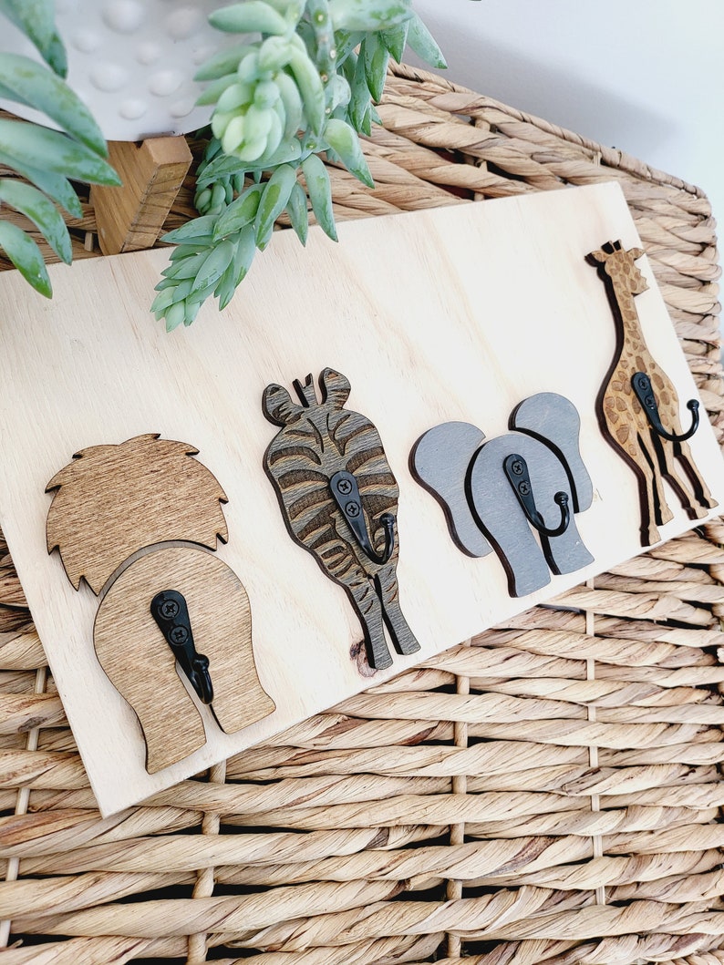 Wood Safari coat clothes hanger hook jungle animals nursery wall bedroom bathroom rack decor neutral baby room baby shower gender gift image 1