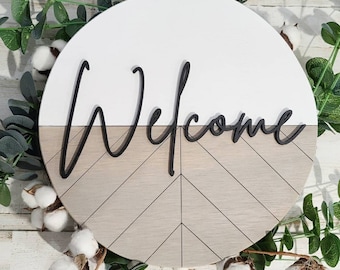 3D Wood Welcome Sign, Round Chevron Farmhouse Decor (12/18 inch)
