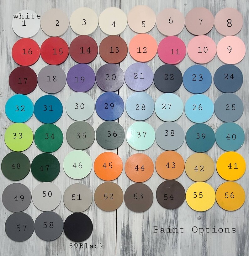 May include: A color chart with 59 paint colors, numbered 1 through 59. The colors are arranged in rows and columns. The colors include white, black, red, orange, yellow, green, blue, purple, and brown. The chart is labeled "Paint Options".