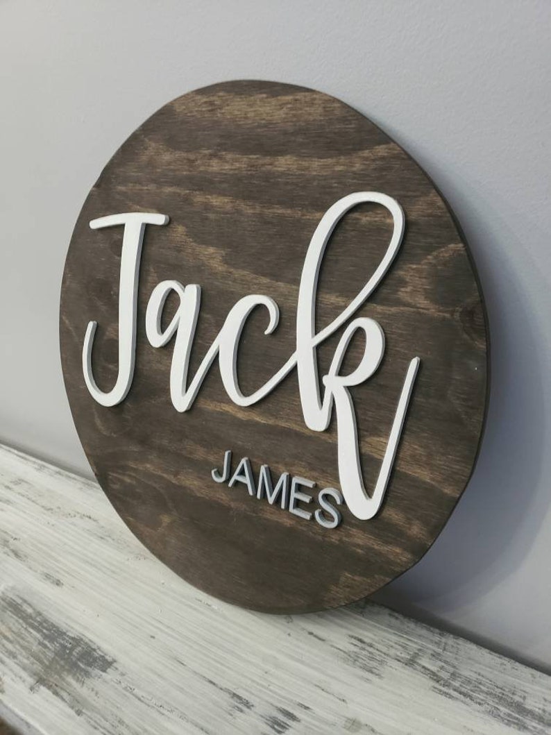 3D circle wood name sign room nursery name sign decor baby shower newborn gift white and gray image 5