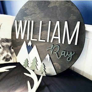 Round wilderness woodland forest theme boys room nursery wood circle name sign wall hanging mountains  trees customizable!