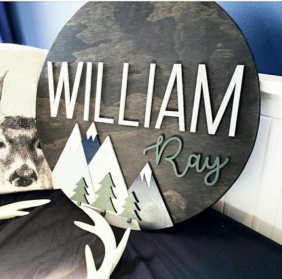 Round wilderness woodland forest theme boys room nursery wood circle name sign wall hanging mountains  trees customizable!