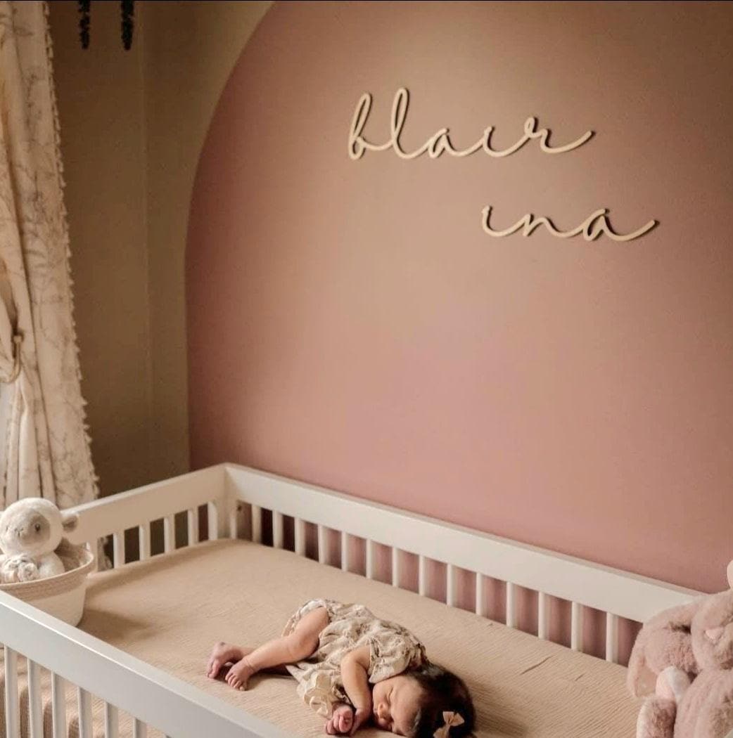Wood script nursery baby room name laser cut sign cursive first and middle name signature font wall mounted crib change table decor
