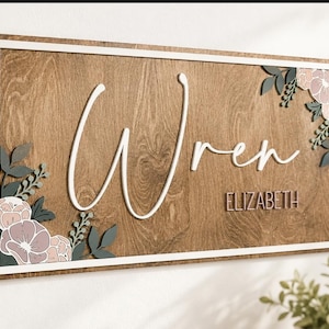 May include: Wooden sign with the name "Wren" in white script, with the name "Elizabeth" below in a smaller font. The sign is framed in white and decorated with floral accents in shades of pink, green, and gray.