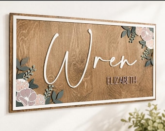 Wood Floral personalized Nursery Name Sign floral detail rectangle framed wildflower wallpaper