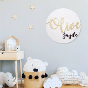 3D circle wood name sign room nursery name sign decor baby shower newborn gift white and gray image 2