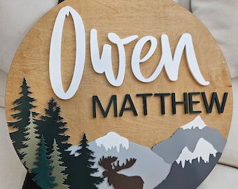 Woodland Nursery Name Sign, Forest Theme, Trees, Moose, Bear