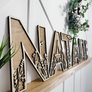 Décoration murale fleurie en bois pour chambre d'enfant, lettres bohème pour prénom, lettres 3d en couches, lettres alphabet en bois floral, enseigne pour chambre de filles, chambre à coucher