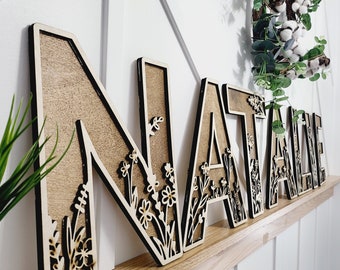Wildflower Wood Nursery Letters: Boho Floral Name Sign, 3D Layered