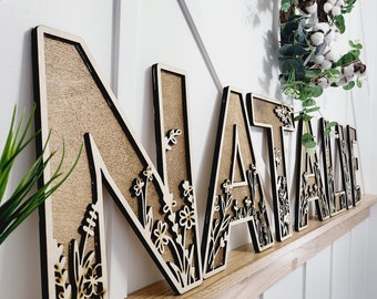 Wildflower Flowered Wall Decor Wood Nursery Letters Boho Name Sign Layered 3d Letters Floral Wooden Alphabet Letters Girls Room Sign Bedroom