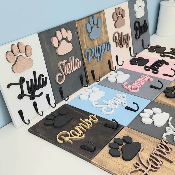 Dog Lover Gift - 3D Wood Pet Leash Holder - Personalized Name - Entryway Decor