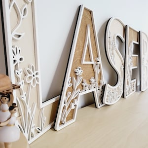Wildflower Flowered Wall Decor Wood Nursery Letters Boho Name Sign Layered 3d Letters Floral Wooden Alphabet Letters Girls Room Sign Bedroom image 1