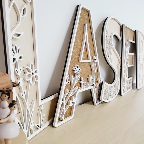 Wildflower Flowered Wall Decor Wood Nursery Letters Boho Name Sign Layered 3d Letters Floral Wooden Alphabet Letters Girls Room Sign Bedroom