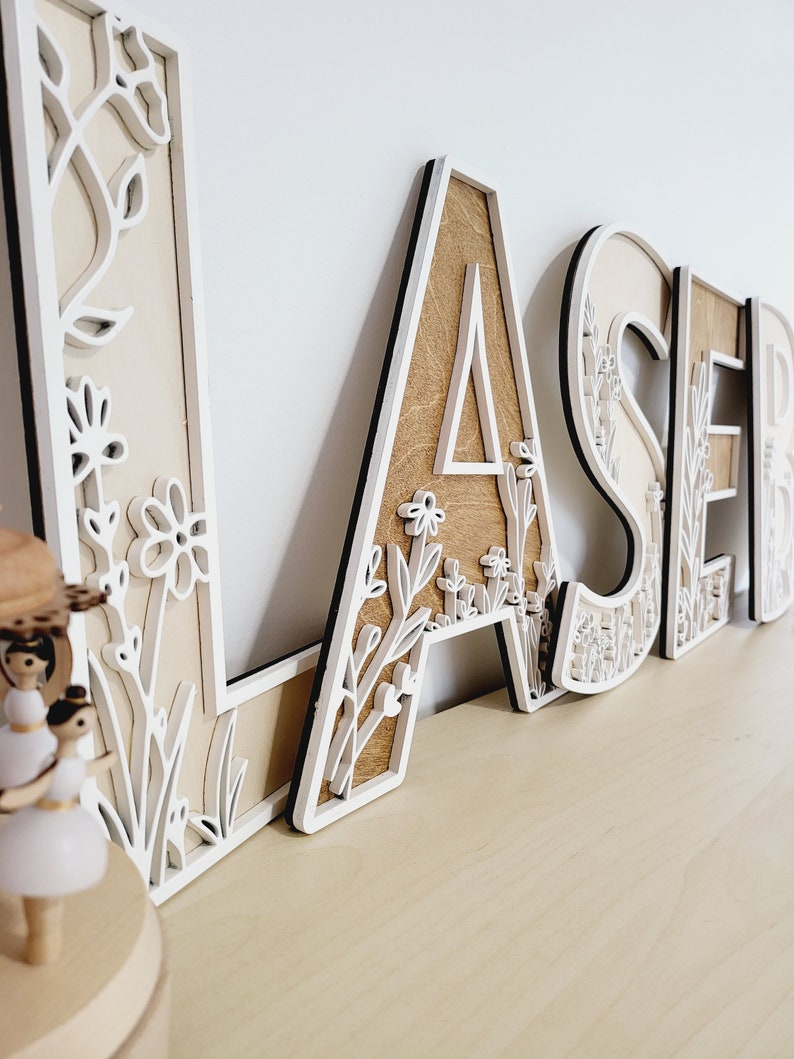 Wildflower Flowered Wall Decor Wood Nursery Letters Boho Name Sign Layered 3d Letters Floral Wooden Alphabet Letters Girls Room Sign Bedroom image 1