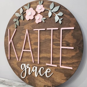 3D personnalisé rond cercle en bois nom signe chambre de filles pépinière fleurs florales rose baby shower anniversaire cadeau chambre papier peint boho