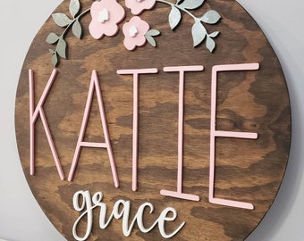 3D custom personalized round circle wood name sign girls room nursery floral flowers pink baby shower birthday gift room wallpaper boho