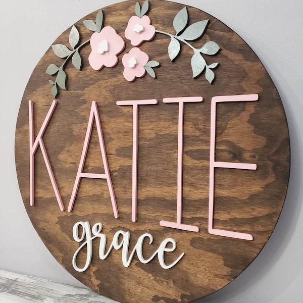 3D custom personalized round circle wood name sign girls room nursery floral flowers pink baby shower birthday gift room wallpaper boho