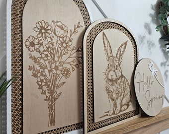 Wood Easter spring bunny rattan decor hello soring neutral wood entry way door wall sign