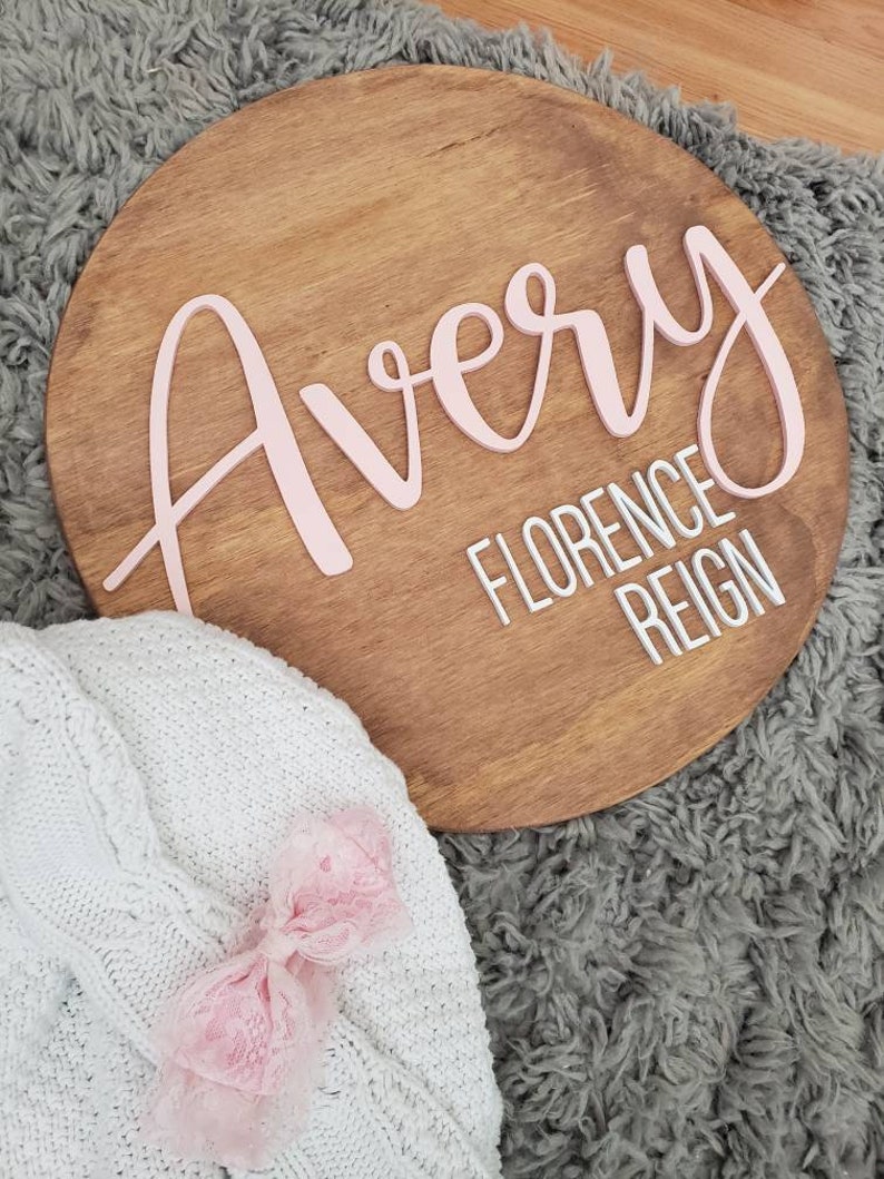 3D circle wood name sign room nursery name sign decor baby shower newborn gift white and gray image 1