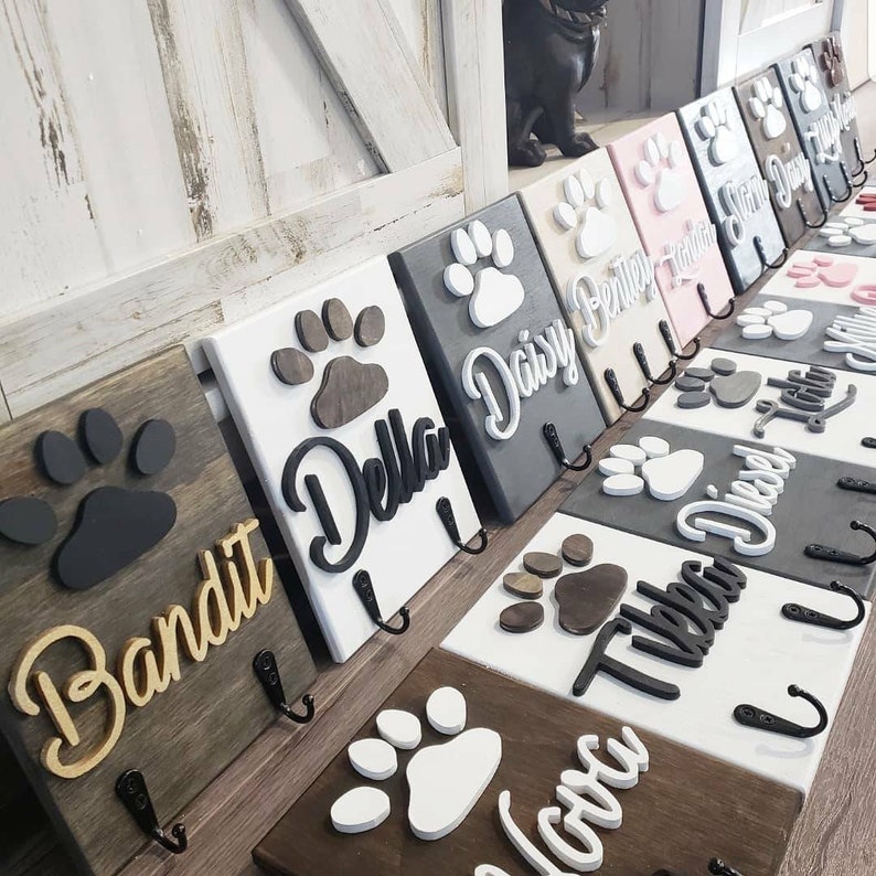 3D wood 8x6 Personalized Pet Dog Leash Sign Holder Paw name Front door Entry way Mud Room Decor dog bowls 