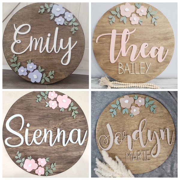 3D round circle wood name sign girls room nursery floral flowers brown pink white baby shower birthday gift baby room