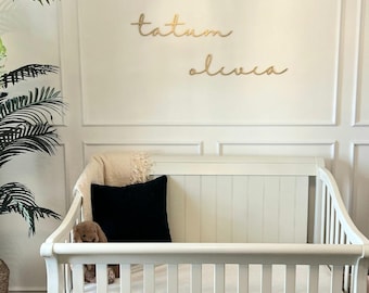 Wood script nursery baby room name laser cut sign cursive first and middle name signature font floating wall mounted crib change table decor